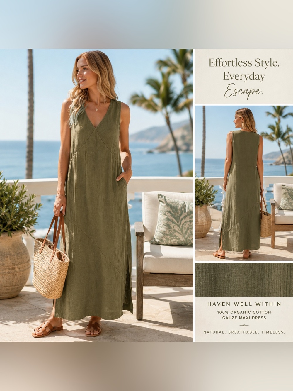 Haven Well Within Olive Green Organic Cotton Gauze Maxi Dress Large